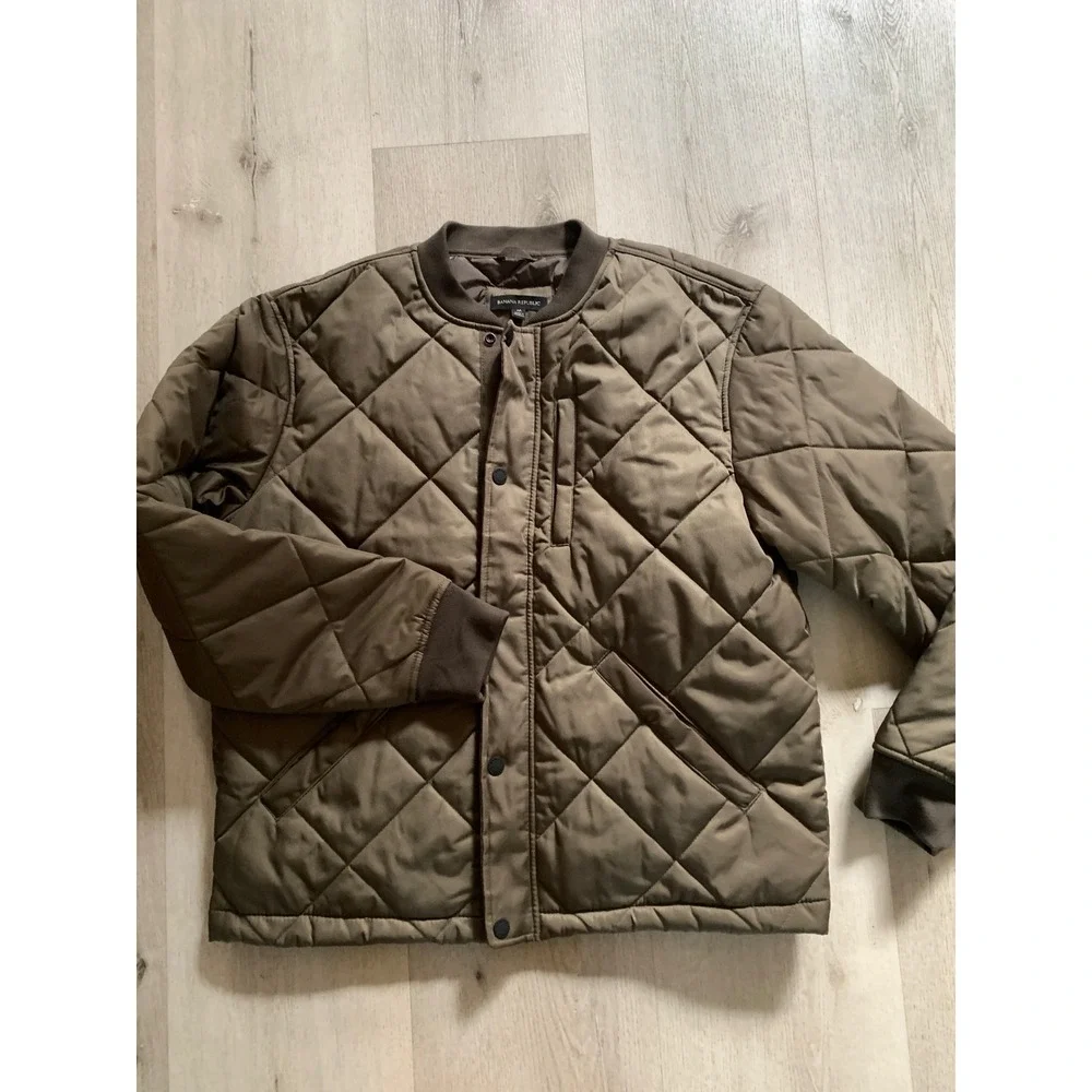 Banana Republic Mens Quilted Bomber Jacket Olive Brown Snap Front‎ Size Medium